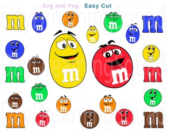 May include: A collection of colorful M&M's candy characters with different facial expressions. The characters are in various colors, including red, yellow, green, blue, brown, and orange. Each character has the letter "M" on its front.