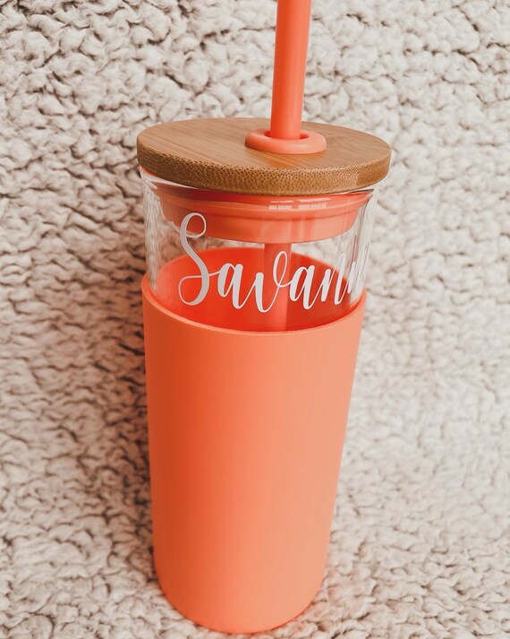 20 oz Glass Tumbler with silicone sleeve and bamboo lid | Personalized  tumbler