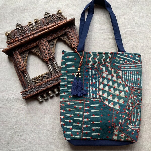 Orange - Kantha Work Block Print Cotton Shopping Bag