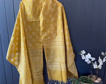 Special Dabu Handwoven Block Printed Natural Dye Chanderi Silk scarf, Stole, Sarong or Shawl with zari border, Scarf for Mom