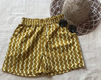 Women Amber/ Mustard/ Yellow Hand Block Rajasthani Jaipur Printed Organic Cotton Short. Size: Small to Medium