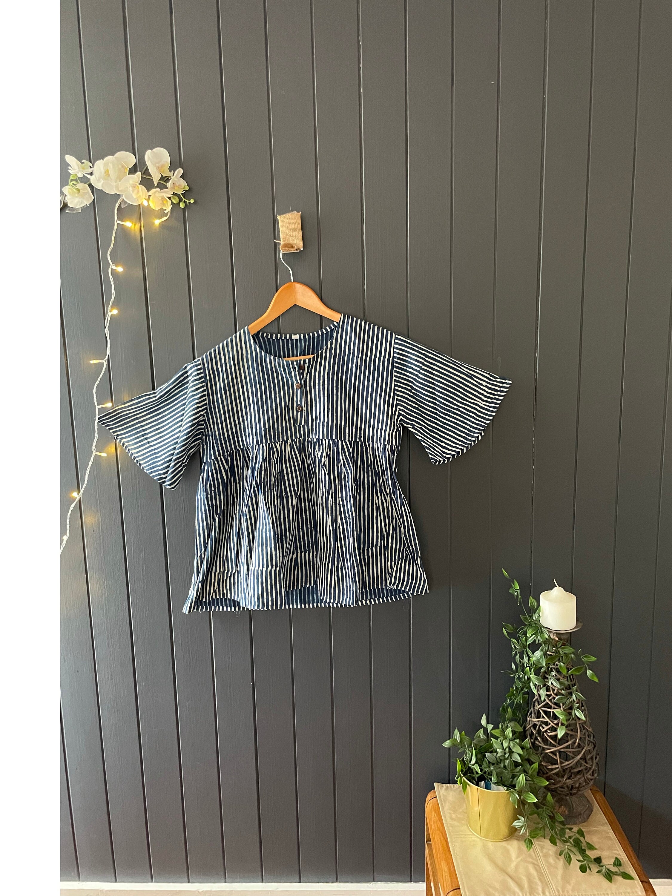 Indigo Handmade Indian Jaipur Block Print 100% Cotton Top Blouse, Yoked Gathered Romantic Top with bell sleeves