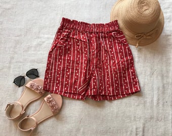 Women Red Hand Block Rajasthani Jaipur Printed Organic Cotton Short. Size: Small to Medium