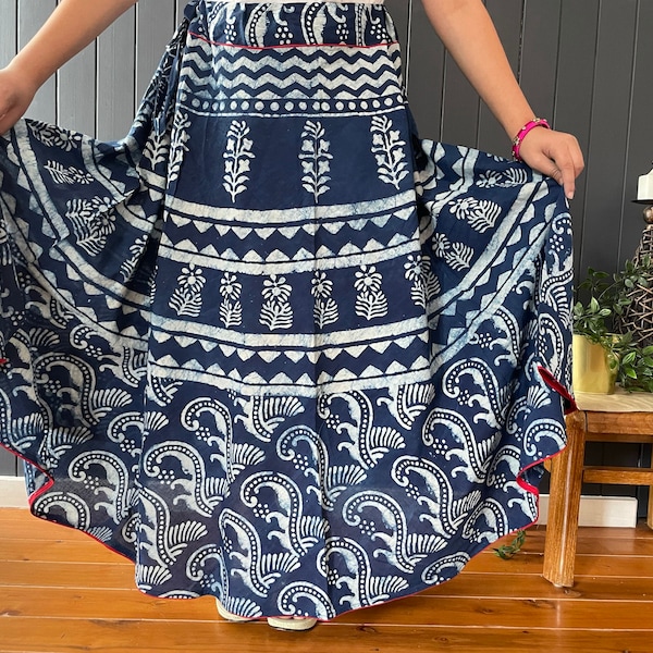 Cotton Women's Blue colour Indian stringed/ wraparound Skirt Jaipur Organic Cotton Hand block printed, Gypsy style boho chic long skirt