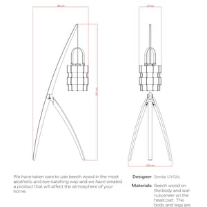 Pu&ograve; includere: Schema di lampada da terra Akari, alta 152 cm, larga 66 cm, con base di 520 cm. Il design utilizza legno di faggio per il corpo e impiallacciatura di noce per la testa, con parti metalliche. La lampada &egrave; larga 27 cm.