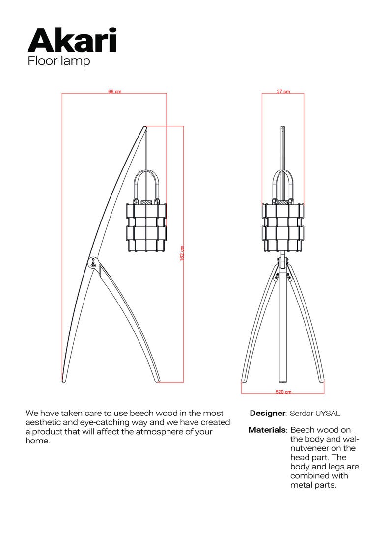 Pu&ograve; includere: Schema di lampada da terra Akari, alta 152 cm, larga 66 cm, con base di 520 cm. Il design utilizza legno di faggio per il corpo e impiallacciatura di noce per la testa, con parti metalliche. La lampada &egrave; larga 27 cm.