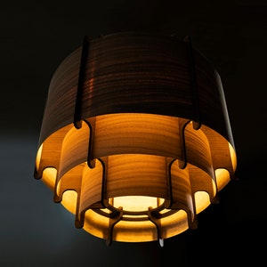 May include: A wooden pendant light fixture with a layered design. The light fixture is made of multiple layers of wood, each with a different shape. The light fixture is lit and casts a warm glow.
