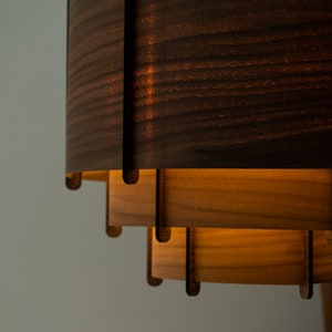 May include: A wooden pendant light fixture with multiple layers of wood, each with a different grain pattern. The top layer is dark brown, and the bottom layer is a lighter brown. The light is turned on, and the light shines through the wood.