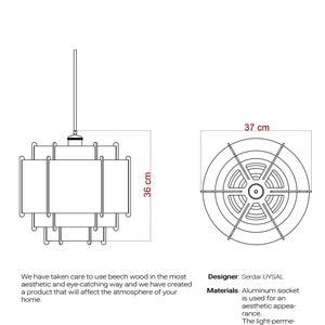 May include: A black and white line drawing of a pendant lamp with a walnut wood finish. The lamp is 36 inches tall and 37 inches wide. The lamp has a simple, geometric design with a cylindrical shade and a round base.