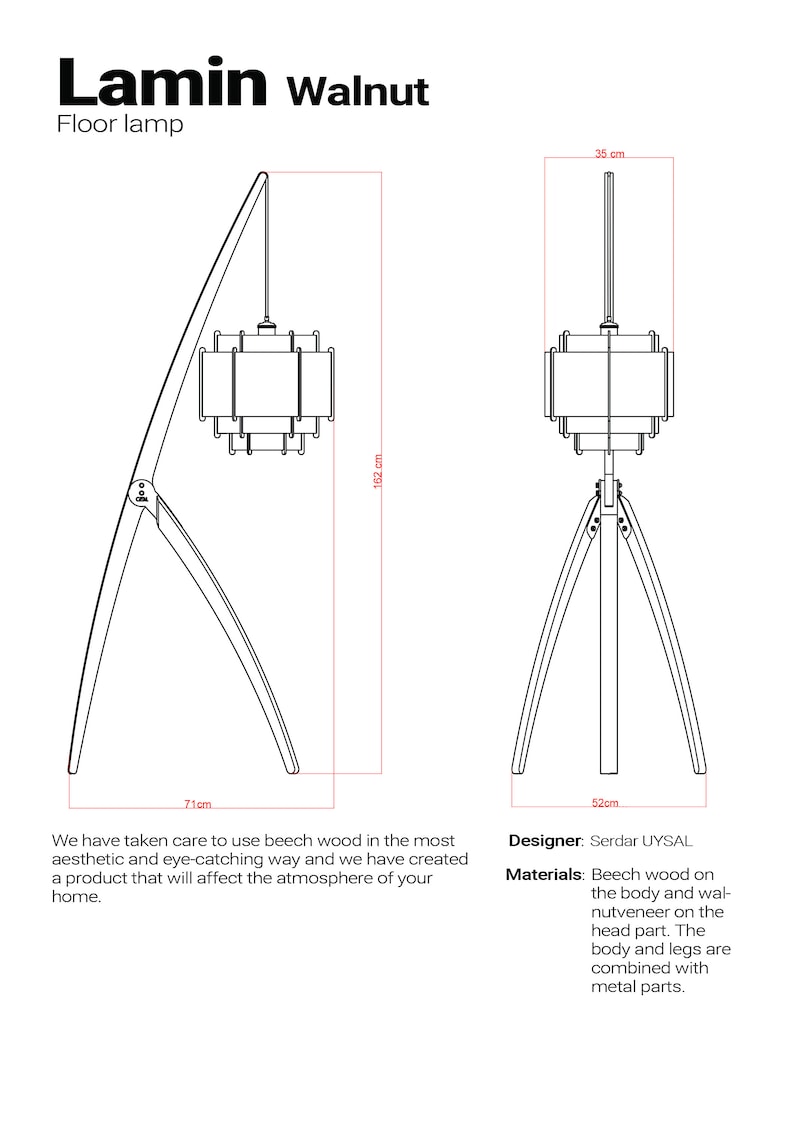 Wood Walnut floor lamp, Custom design lamp and lighting, Mid Century Modern floor lamp, Unique Character Lighting, Lamin floor lamp image 10