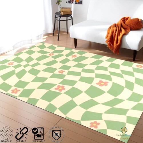Green Pastel Checkered Rugs for Bedroom Green and White Etsy