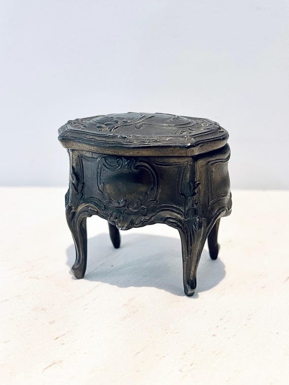 1920s Antique French Rococo Style Ornate Footed Jewellery Casket Metal Trinket Box