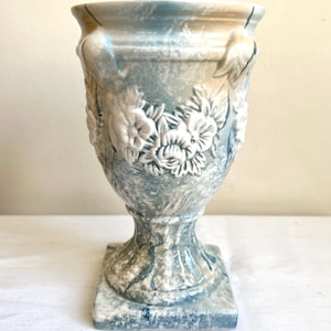 Vintage Blue Marble Pattern Floral Ornate Hand Painted Pottery Urn Vase Jardiniere