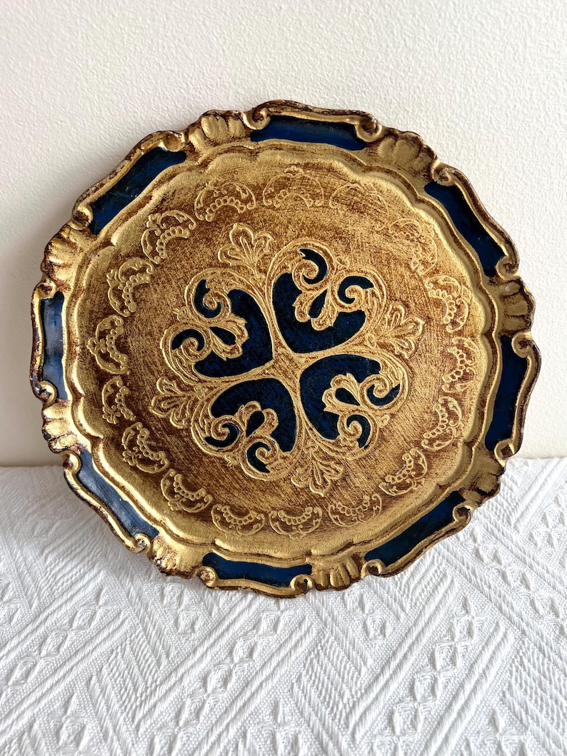 Vintage Blue & Gold Italian Florentine Tray - Etsy