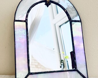 Vintage Arched Wall Mirror with Opalescent Glass & Brass Fleur-de-Lis