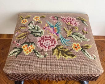 Antique 19th Century Victorian Embroidery Tapestry Mahogany Wooden Foot Stool