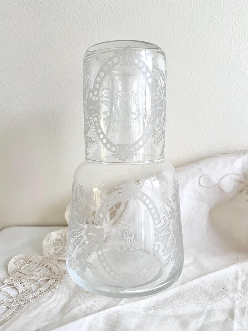 Antique Victorian Etched Glass Bedside Water Decanter Carafe Tumbler Set