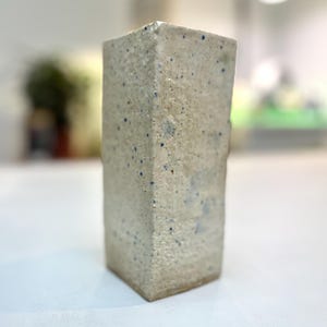 May include: A rectangular ceramic vase with a speckled, off-white finish and small blue dots. The vase has a textured surface and a square base. The design is minimalist and modern, suitable for displaying flowers or as a decorative piece.