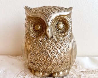 Vintage Brass Sleepy Owl Piggy Bank / Money Box