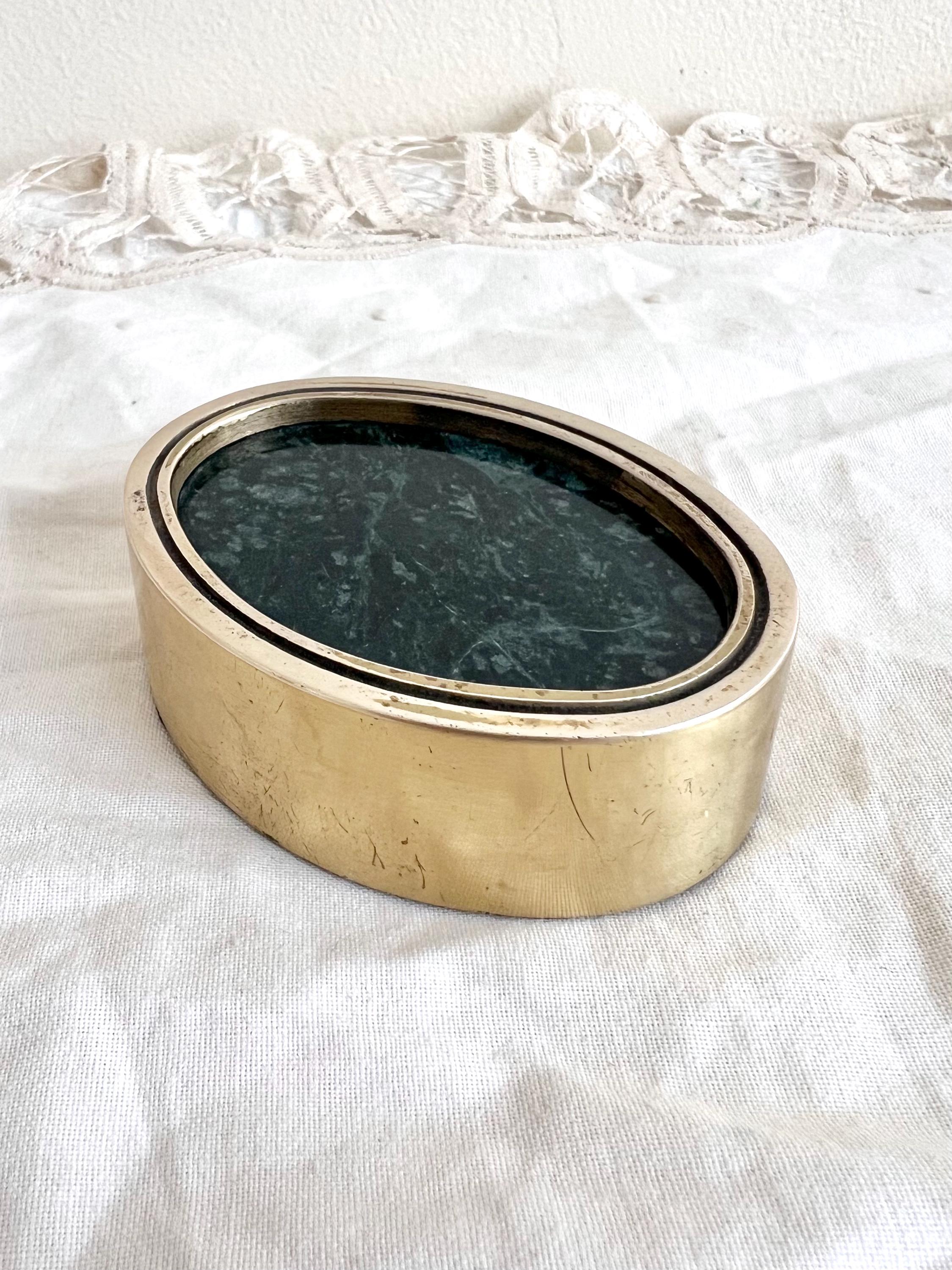 Vintage Green Marble & Solid Brass Oval Shaped Paperweight