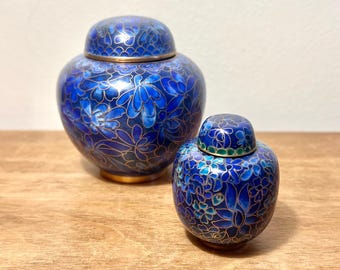 Pair of Vintage Brass Enamel Chinese Cloisonné Floral Miniature Ginger Jar