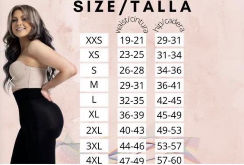 May include: Size chart for clothing with measurements in inches for waist/cintura and hip/cadera. The chart shows sizes from XXS to 4XL.
