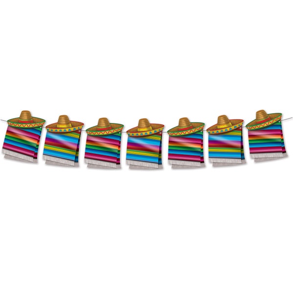 Mexican Fiesta Card Sombrero and Sarape Shaped Printed Bunting 1.8Mtr