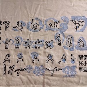 Può includere: Un ricamo a punto croce che presenta diverse pose di un personaggio della serie animata Avatar: La leggenda di Aang. Il personaggio è mostrato mentre piega l'acqua in modi diversi. Il testo "水 操 練" è scritto in giapponese sul lato destro dell'immagine.