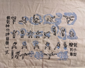 Peut inclure: Une broderie au point de croix représentant différents poses d'un personnage de la série animée Avatar, le dernier maître de l'air. Le personnage est montré en train de plier l'eau de différentes manières. Le texte "水 操 練" est écrit en japonais sur le côté droit de l'image.