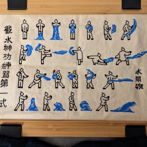 Può includere: Una tela bianca con ricamo blu e nero che rappresenta diverse pose di una persona che esegue movimenti di piegamento dell'acqua. Il testo "水神功 功 霊 習 第 一 式" è ricamato sul lato sinistro della tela.