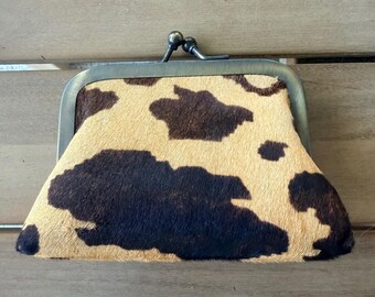 Cow Print Calf Hair Kiss Lock Frame Coin Purse Tan Brown Western Vintage Style