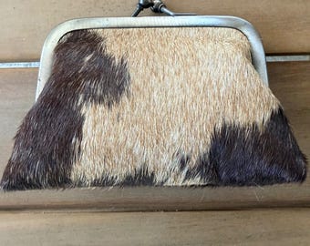 Vintage Cowhide Calf Hair Kiss Lock Frame Clutch Brown Tan Spotted Vintage Style