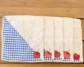 Servilletas de cóctel vintage de cuadros azules con bordado de cerezas, juego de 5, encaje festoneado.