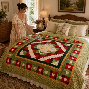 Handmade Log Cabin Patchwork Quilt Floral Applique Green Red Square 52x52
