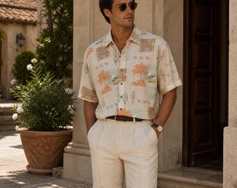 Moda Campia Herren Großes Tropisches Palmen-Rayon-Kurzarm-Shirt mit Knöpfen