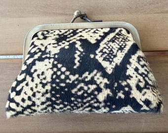 Animal Print Cowhide Hair-on-Hide Kiss-Lock Coin Purse Black Cream Vintage Style