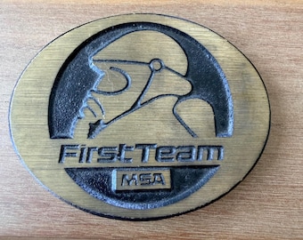 Hebilla de cinturón de latón macizo para máscara de gas DynaBuckle MSA First Team, vintage, Provo, Utah