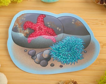 Vaporwave Tidepool Sticker / Marine Biology / Sea Star / Anemone / Ecology / Vinyl Sticker / Shiny Sticker