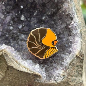 May include: A colourful enamel pin featuring a stylised nautilus design. The pin has a gold outline, with brown and orange sections. The pin is set against a background of a purple crystal geode.