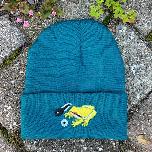 Pacific Tree Frog Beanie / Herpetology Hat / Amphibian / Embroidered Hat