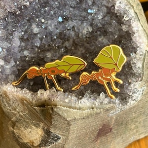May include: Two gold-colored ant pins with orange and green accents. One ant carries a green leaf, while the other appears to be walking. The pins are set against a background of a purple crystal geode.