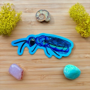 May include: A blue and green iridescent wasp sticker on a light blue background. The sticker has a white outline and the text "fossilforager" in white.