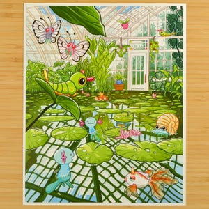 May include: A colorful illustration of a greenhouse with a pond filled with lily pads.  The pond is home to a variety of Pokemon, including a Squirtle, a Psyduck, a Poliwag, a Shellder, a Goldeen, and a Caterpie.  The greenhouse is filled with lush greenery and flowers.