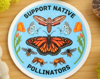 Autocollant de soutien aux pollinisateurs indigènes/entomologie/Sauver les abeilles/bourdon/papillon monarque/autocollant en vinyle/autocollant pour ordinateur portable/écologie