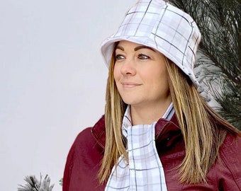 White Plaid Fleece Hat and Scarf Set Winter Hat Plaid Matching Set Fleece Scarf Cold Weather Hat Washable Neutral Scarf Soft and Cozy