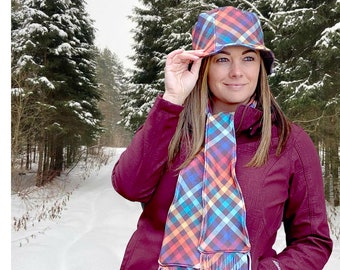 Rainbow Plaid Fleece Hat and Scarf Set Winter Hat Plaid Matching Set Fleece Scarf Cold Weather Hat Washable Rainbow Scarf Soft and Cozy