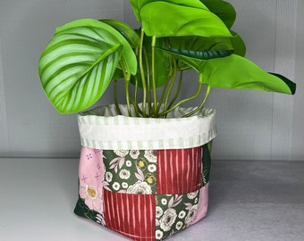 Patchwork Quilted Basket Fabric Storage Bin Cottagecore Organizer