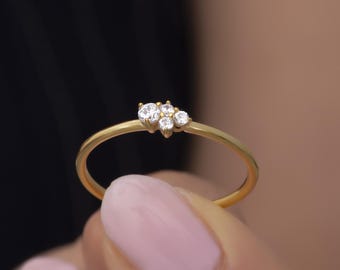 14K Gold Diamond Flower Ring, Handmade Fine Jewelry