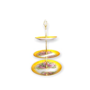 Vintage 1898 China Co 3 geel porselein tier voorgerecht stand met rozen en gouden pilaren en handvat