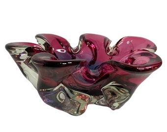 Thick Heavy Cigarette Cigar Smoking Barware Funeral Parlor 2 Vintage Murano Ashtray Bowl Biomorphic Pinched Glass Blue and Clear Bowl